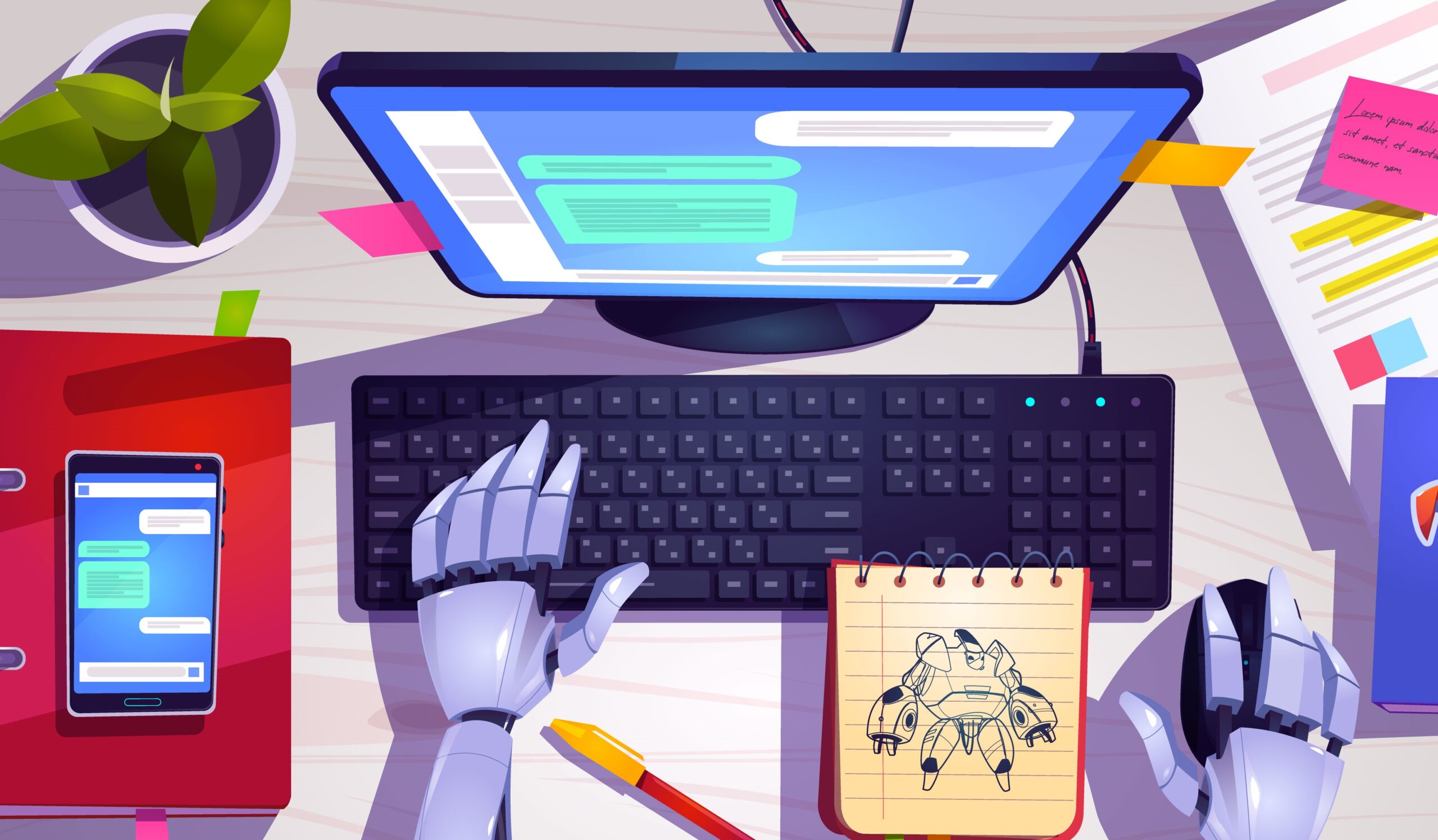 Workspace with robot working on computer keyboard top view. Concept of chat bot with ai. Vector cartoon futuristic illustration of wooden desk with computer screen, stationary, plant and robotic hands